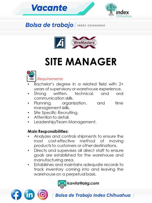 VACANTES CHIHUAHUA - MAQUILA - SITE MANAGER