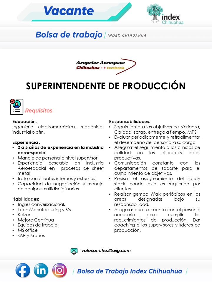 VACANTES CHIHUAHUA - MAQUILA - SUPERINTENDENTE DE PRODUCCION
