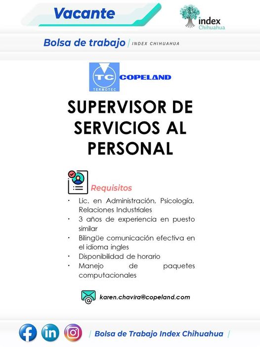 VACANTES CHIHUAHUA - MAQUILA - SUPERVISOR DE SERVICIOS AL PERSONAL