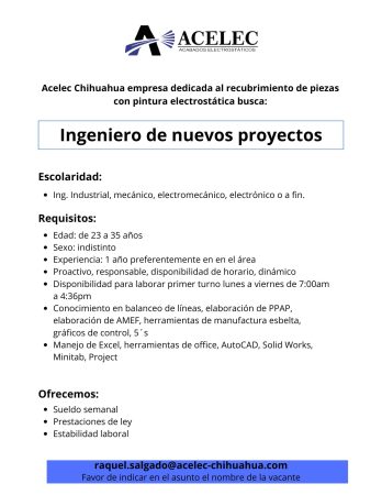 VACANTES CHIHUAHUA - CUU - INGENIERO DE NUEVOS PROYECTOS