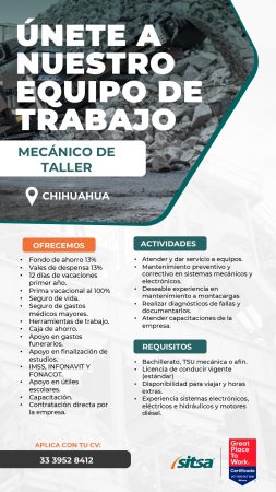 VACANTES CUU - CHIHUAHUA - SITISA - MECANICO DE TALLER