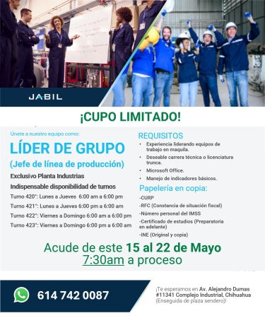 VACANTES CHIHUAHUA - CHIHUAHUA - MAQUILA - LIDER DE GRUPO