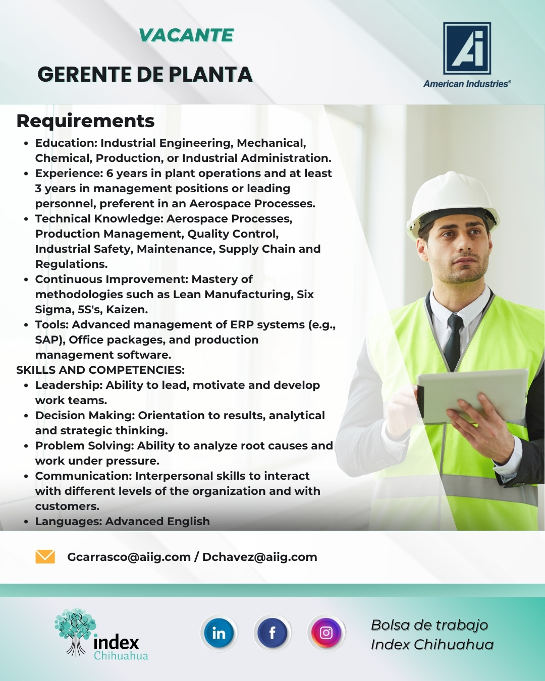 VACANTES CHIHUAHUA - CHIHUAHUA - MAQUILA - GERENTE DE PLANTA