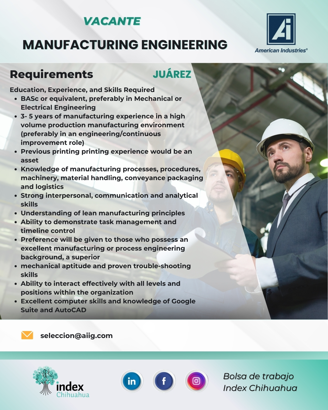 VACANTES CHIHUAHUA - JUAREZ - MAQUILA - MANUFACTURING ENGINEERjpg